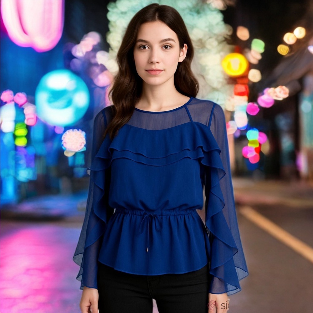 See By Chloe Sheer Navy Ruffle Blouse w/ Cami Top Boho Romantic Medium